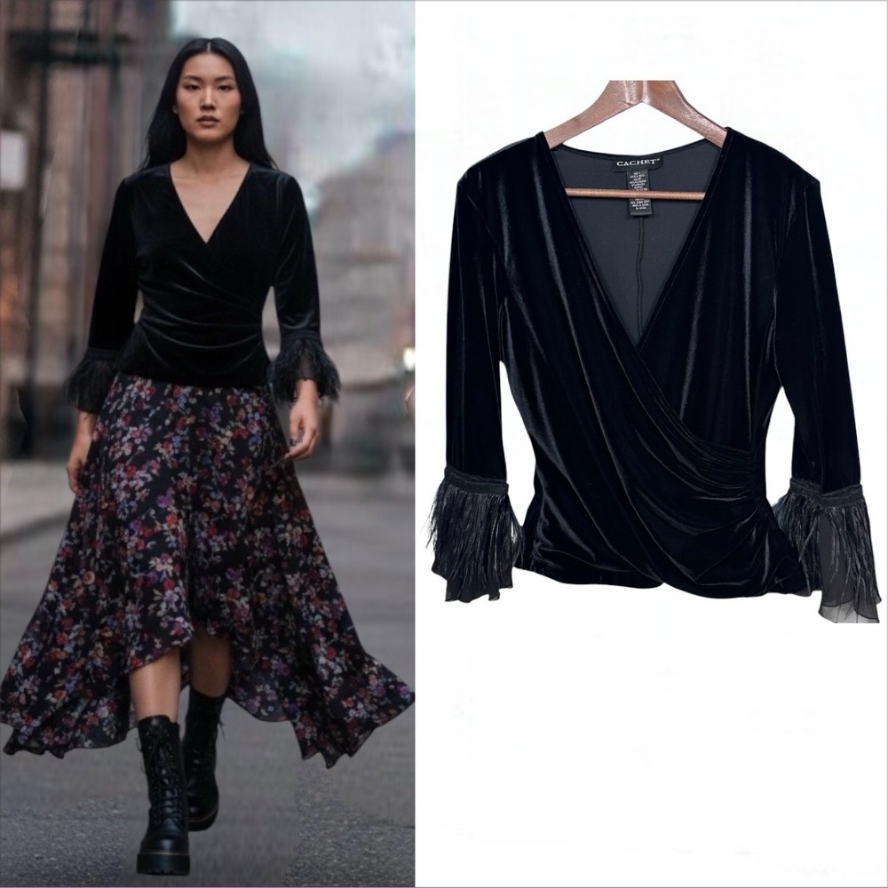 VTG Cachet Whimsigoth Velvet Wrap Top Feather Bell Sleeve L Y2K Witchy Statement